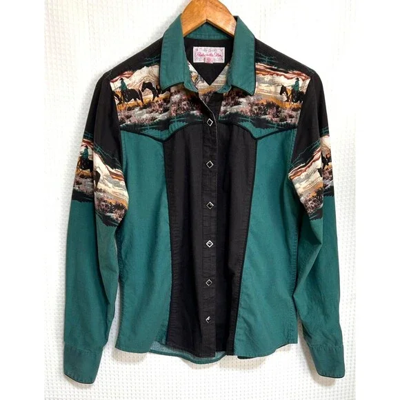 Vintage Panhandle Slim size M Pearl Snap Western Button Down Shirt Horses j - Picture 2 of 12